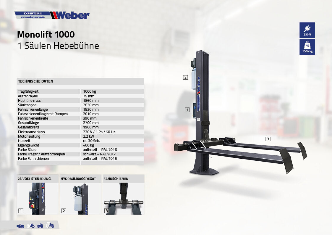 Weber 1-Post Car Lift 1000 kg – Complete Package incl. Oil & Anchors