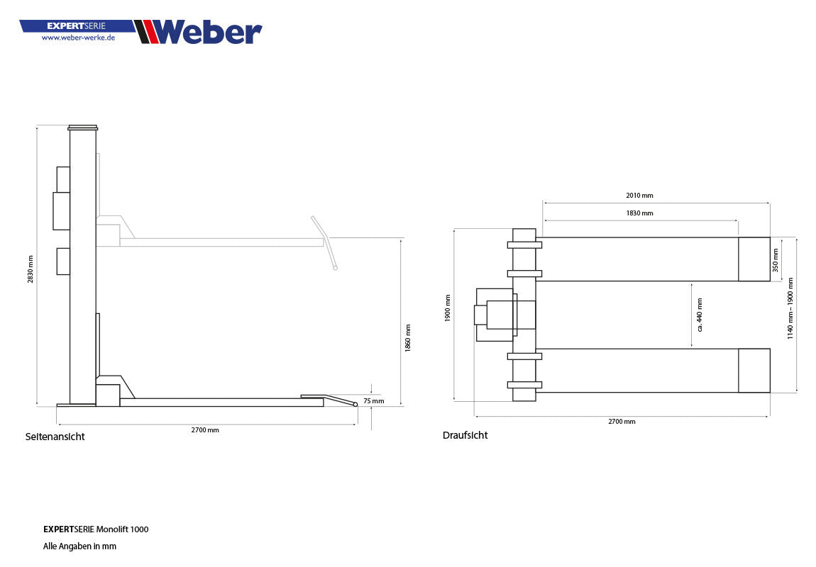 Weber 1-Post Car Lift 1000 kg – Complete Package incl. Oil & Anchors