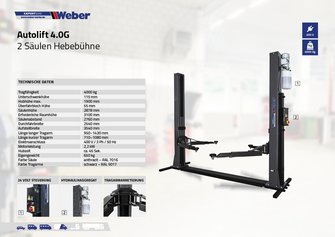 Two Post Lift Weber Expert Series 4.0G with base frame
