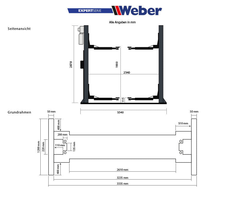 Two Post Lift Weber Expert Series 4.0G with base frame