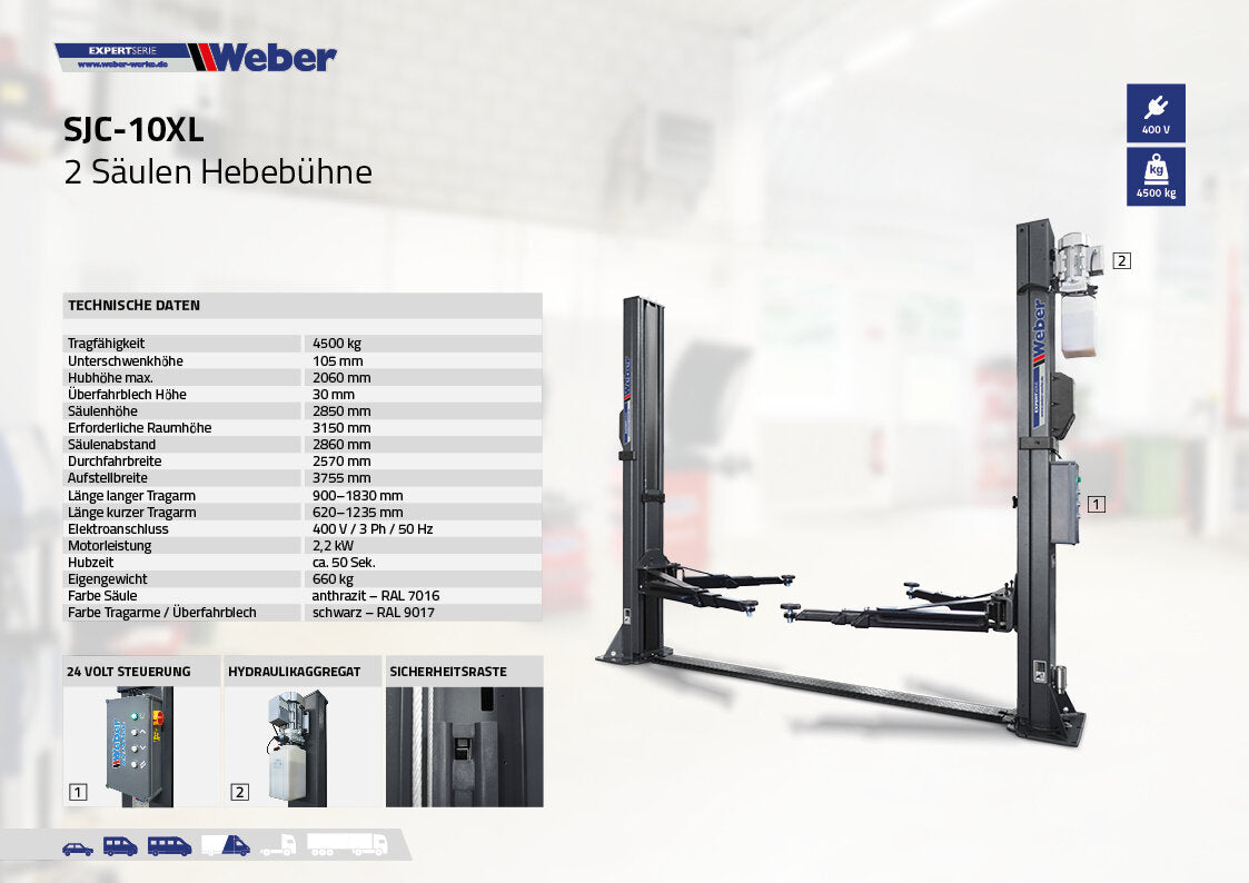 Weber 2-Post Car Lift 4500 kg - Complete Package incl. Oil & Anchors