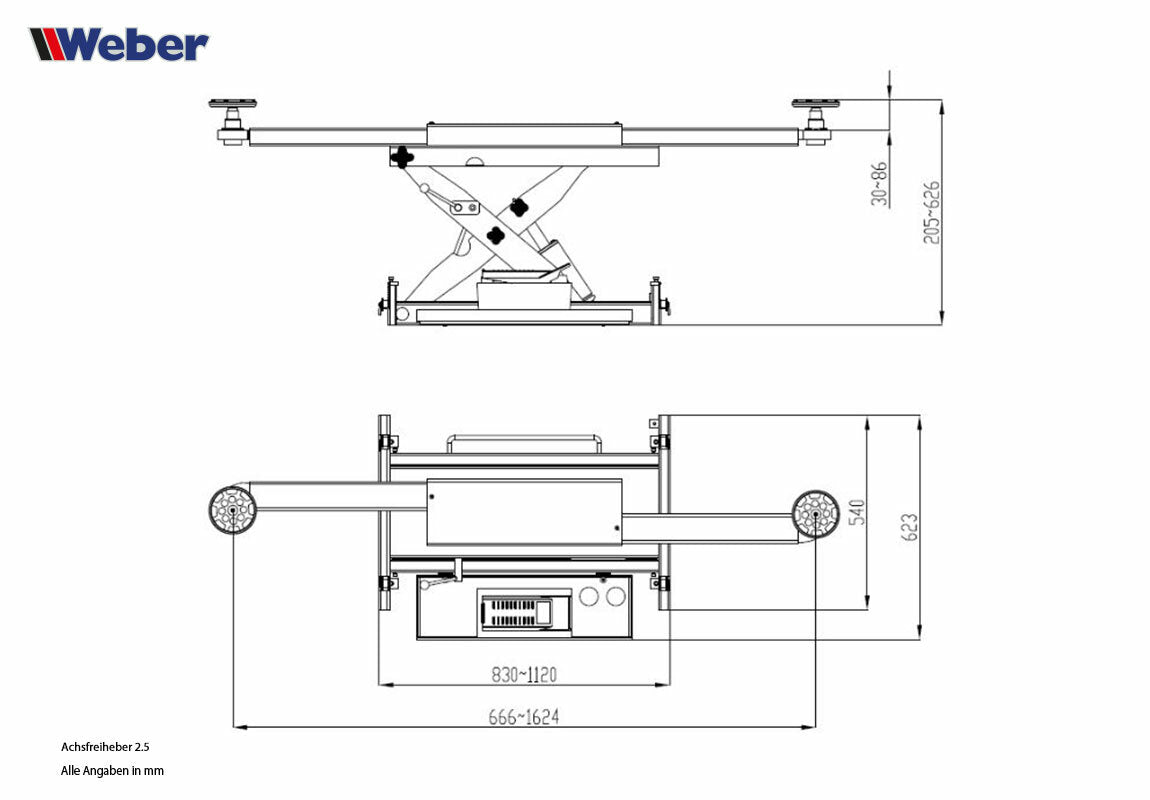 Axle-free jack 2.5 for scissor and Four Post Lifts