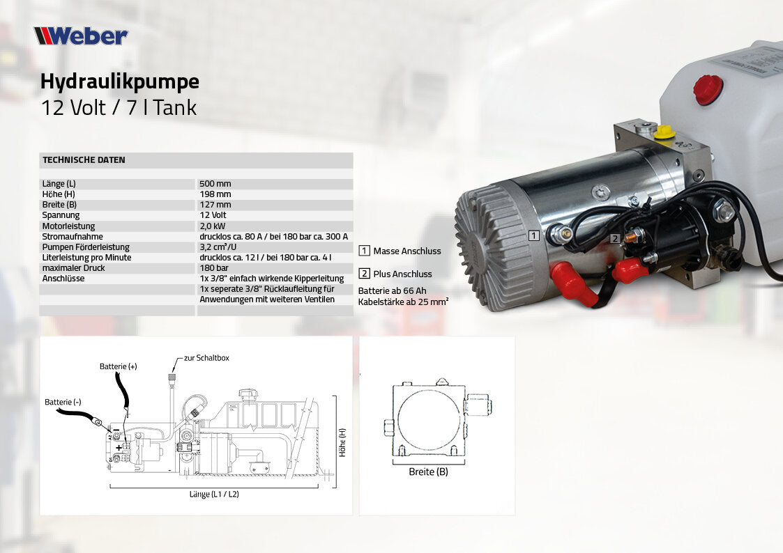Hydraulic pump 12 Volt / 7 l tank with remote control and bracket