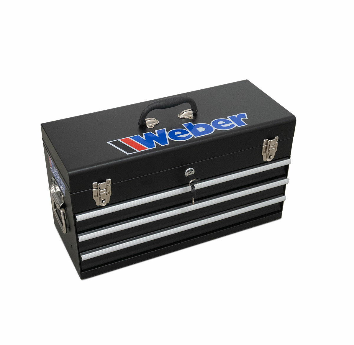 Empty toolbox with 3 drawers and hinged lid