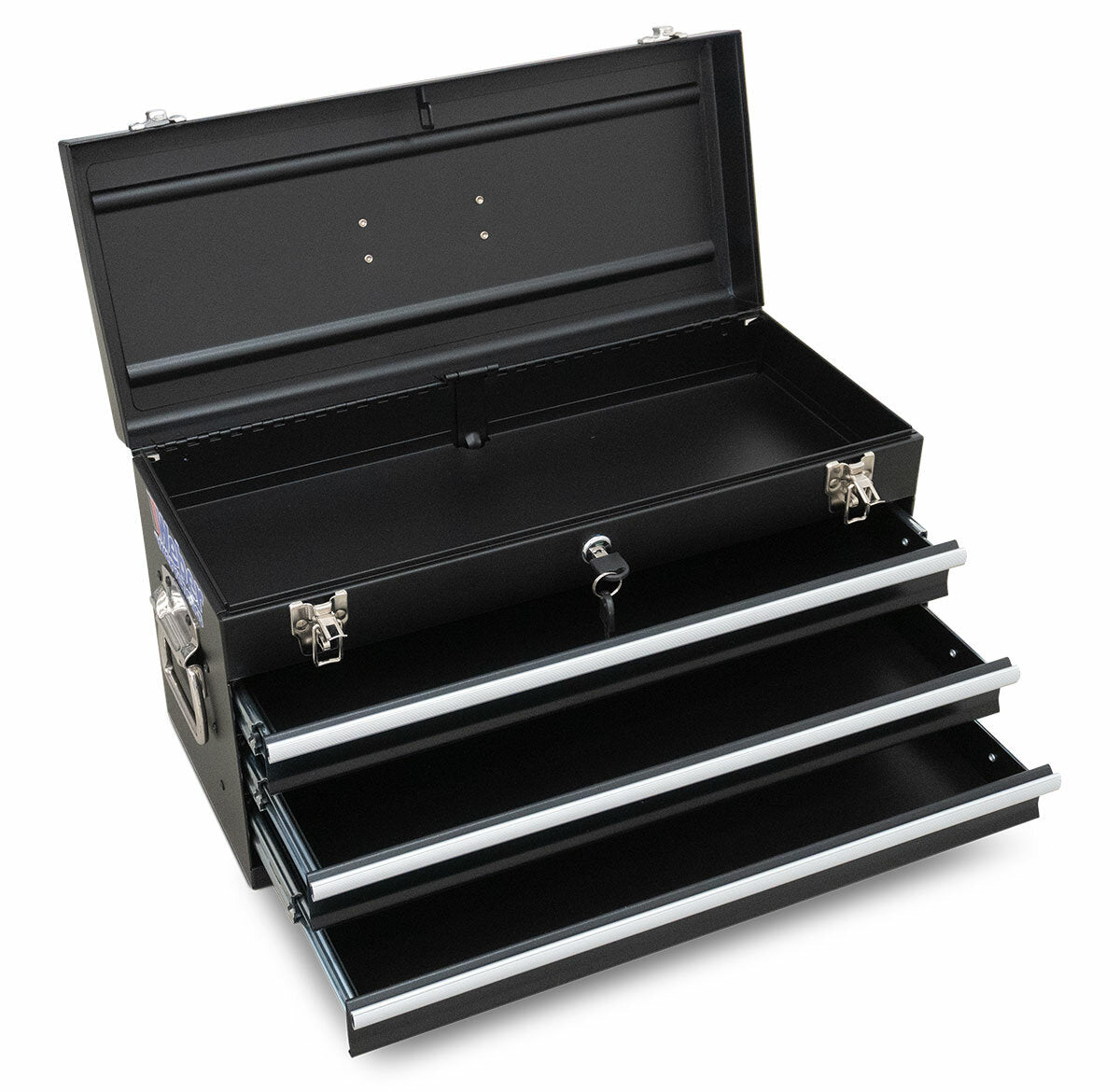 Empty toolbox with 3 drawers and hinged lid