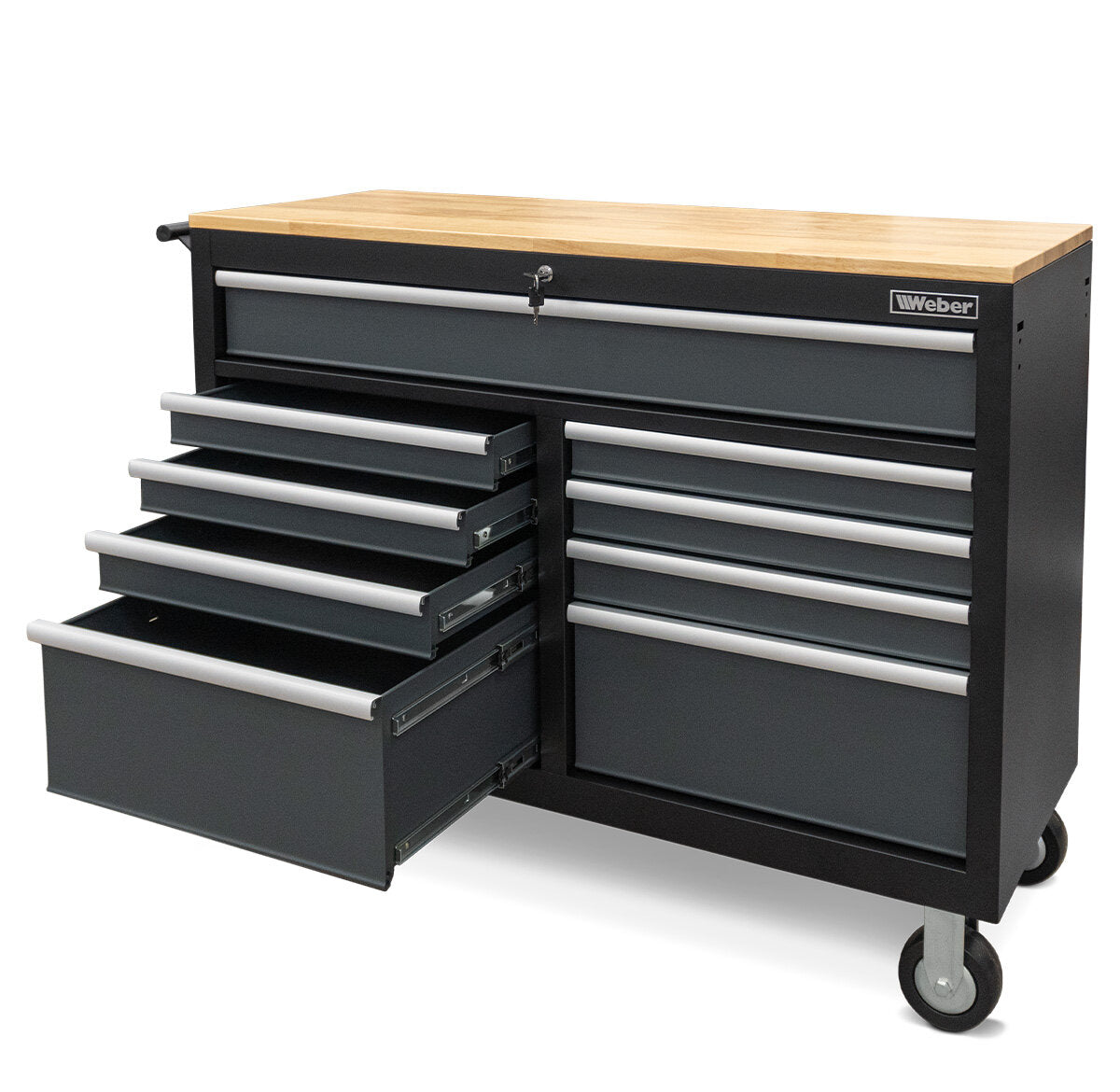 Mobile Workshop Trolley with 9 drawers and gray wooden worktop
