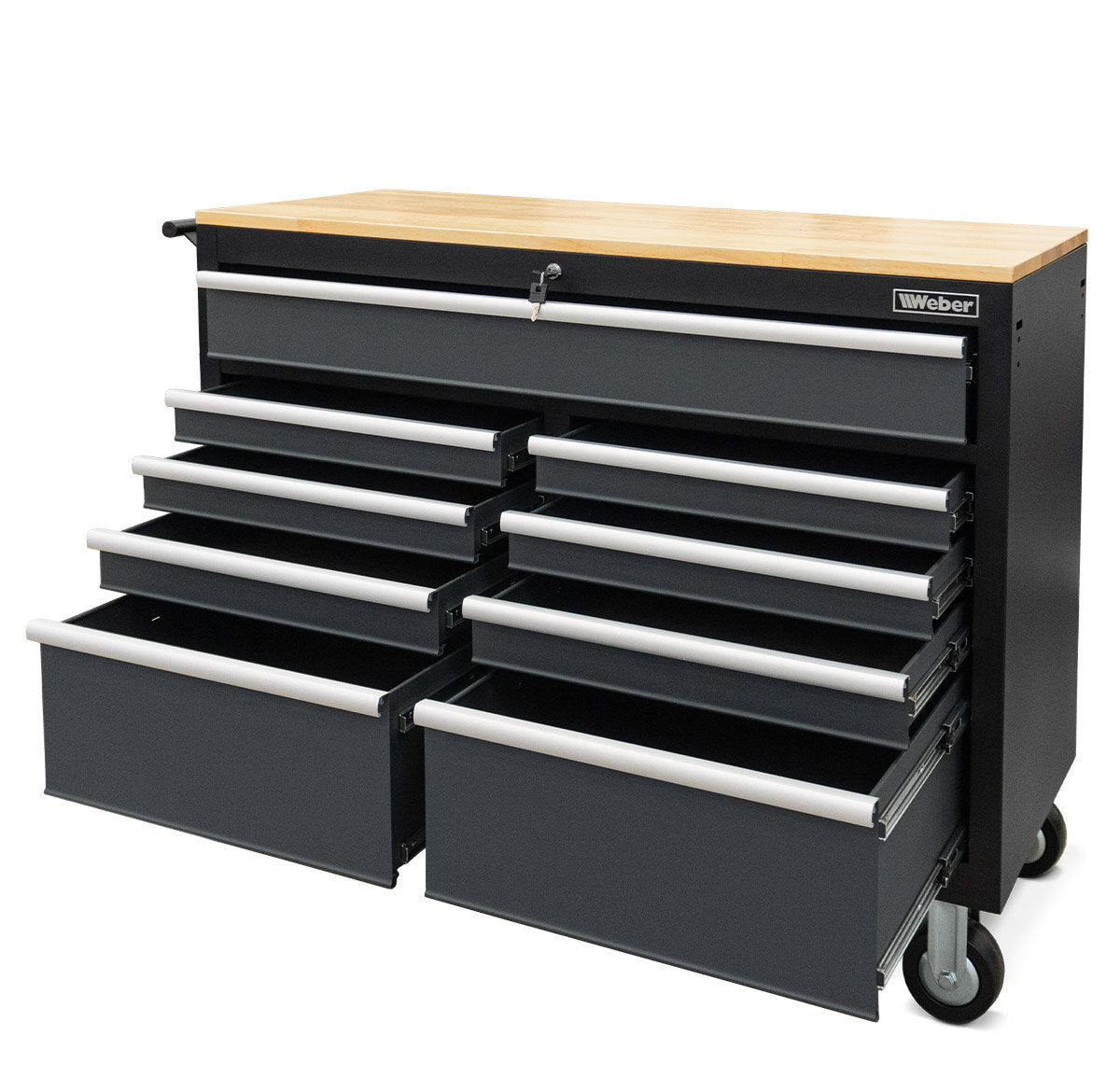Mobile Workshop Trolley with 9 drawers and gray wooden worktop