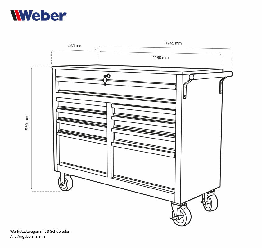 Mobile Workshop Trolley with 9 drawers and gray wooden worktop