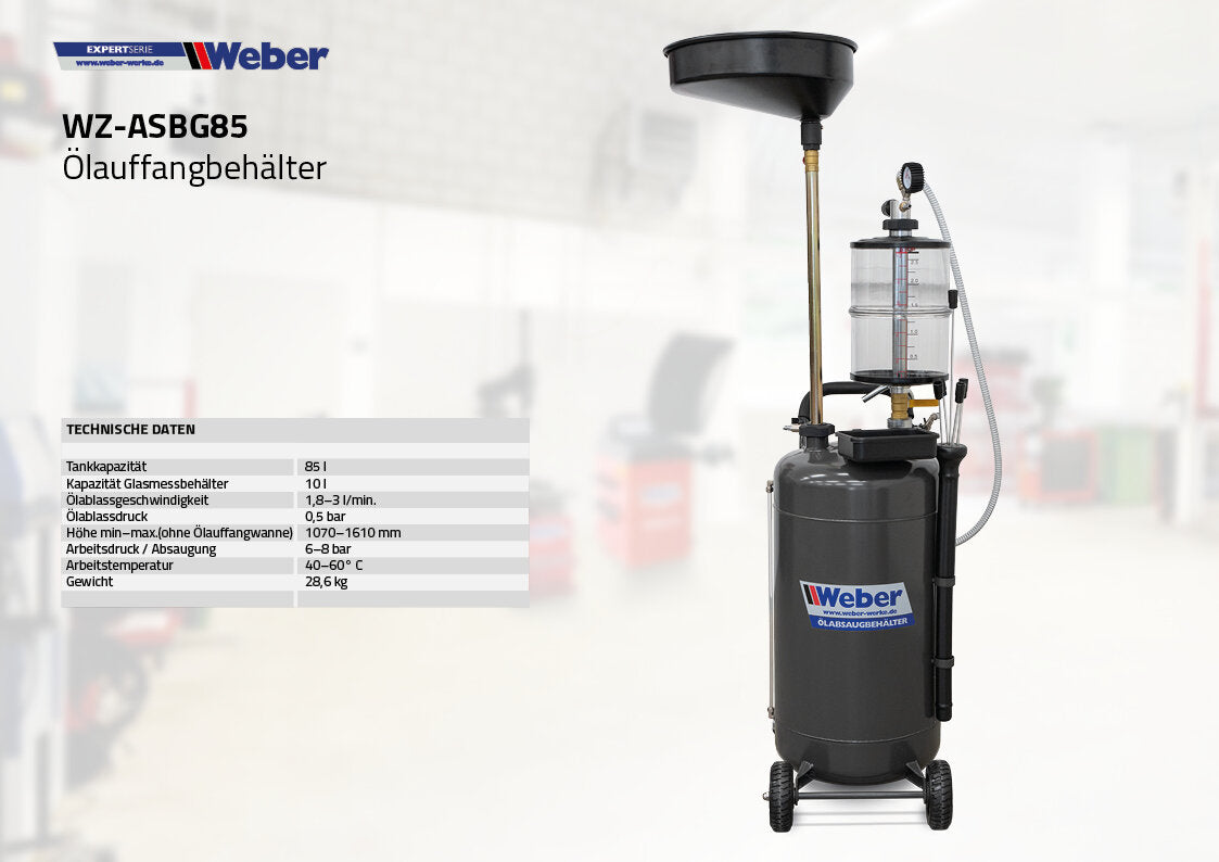 Oil Collection Container with suction function and glass measuring container 85 l