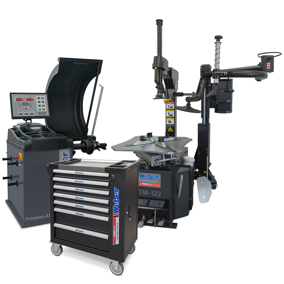 Weber Tire Machine STM-122 + Wheel Balancer Precision XL 3D + Assist Arm + Tool Trolley - Full Workshop Package
