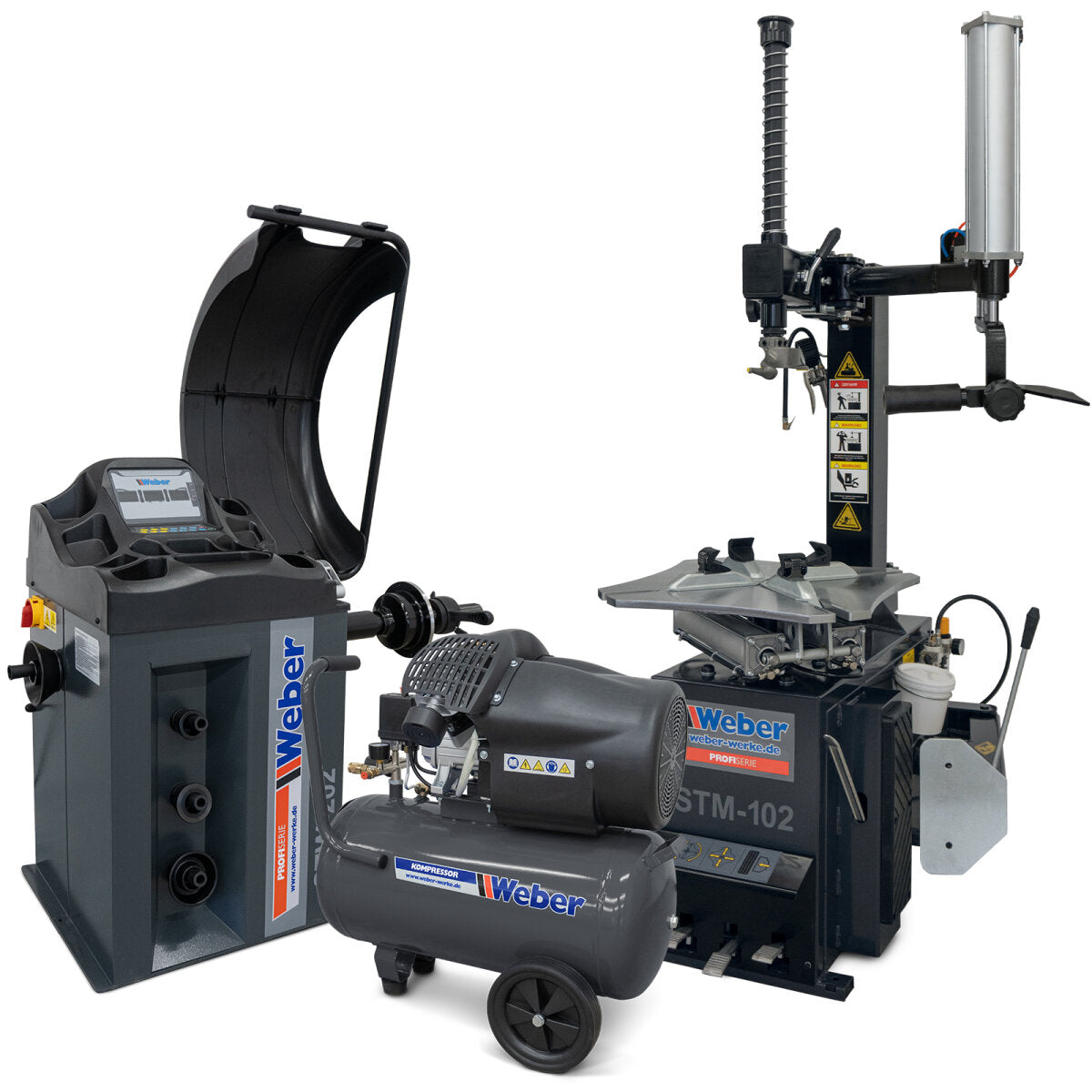 Weber Tire Machine STM-102 + Wheel Balancer STW-202 + Assist Arm + 50L Compressor - Complete Package