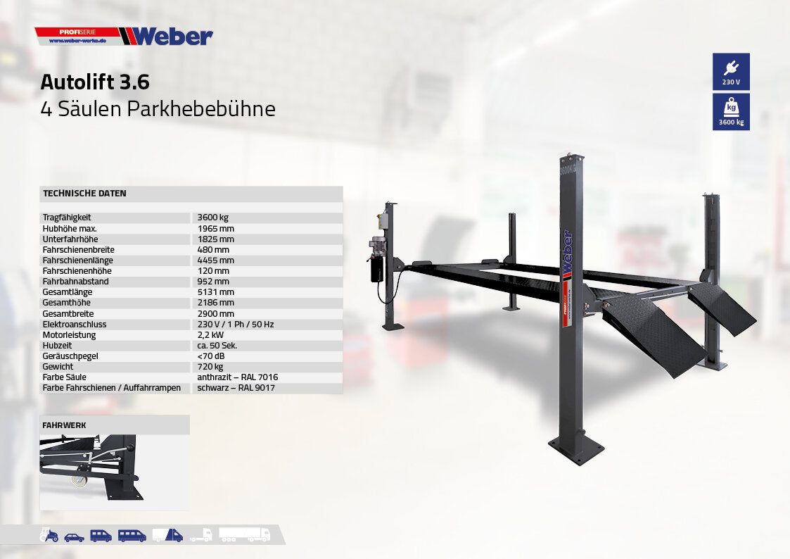 Weber 4-Post Parking Lift 3600 kg - Complete Package incl. Oil