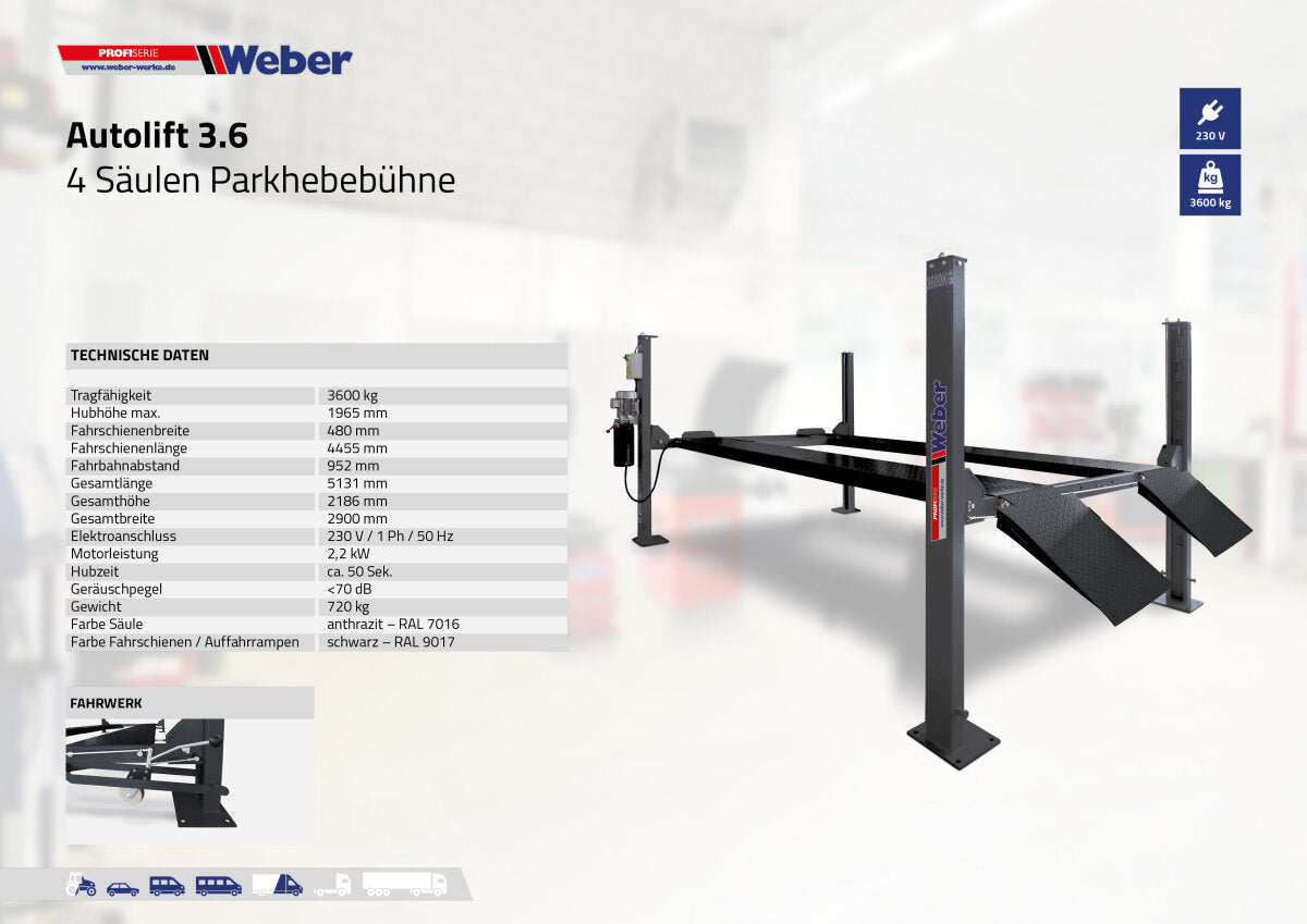 Mobile Four Post Parking Lift Weber Profi Series Car Lift 3.6