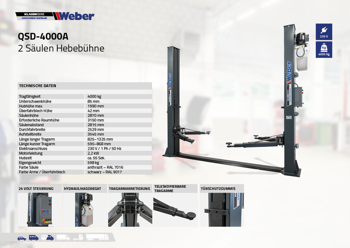 Weber 2-Post Car Lift 4000 kg – Complete Package incl. Oil & Anchors