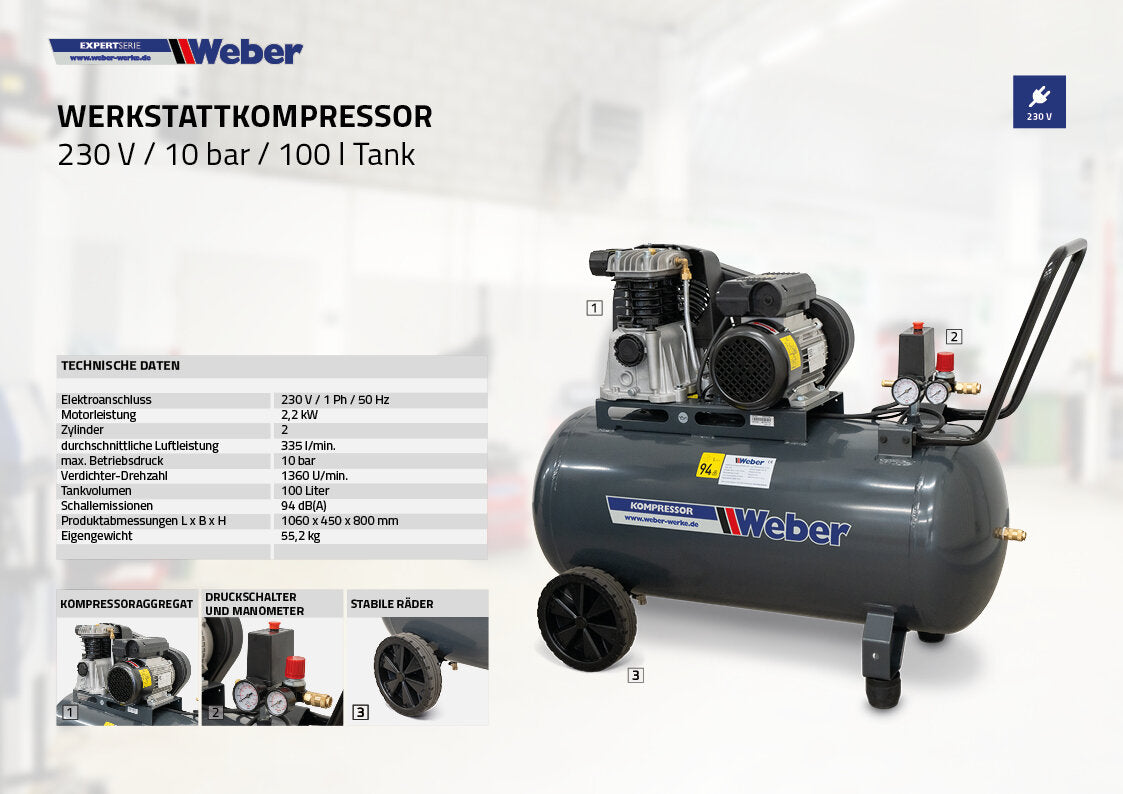 Weber Air Compressor 230V 10 Bar 100L - High Capacity Workshop Compressor