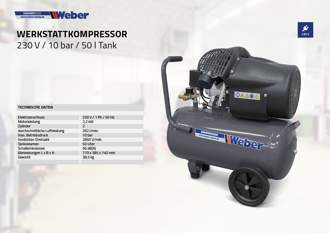 Weber Air Compressor 230V 10 Bar 50L - Compact Workshop Compressor