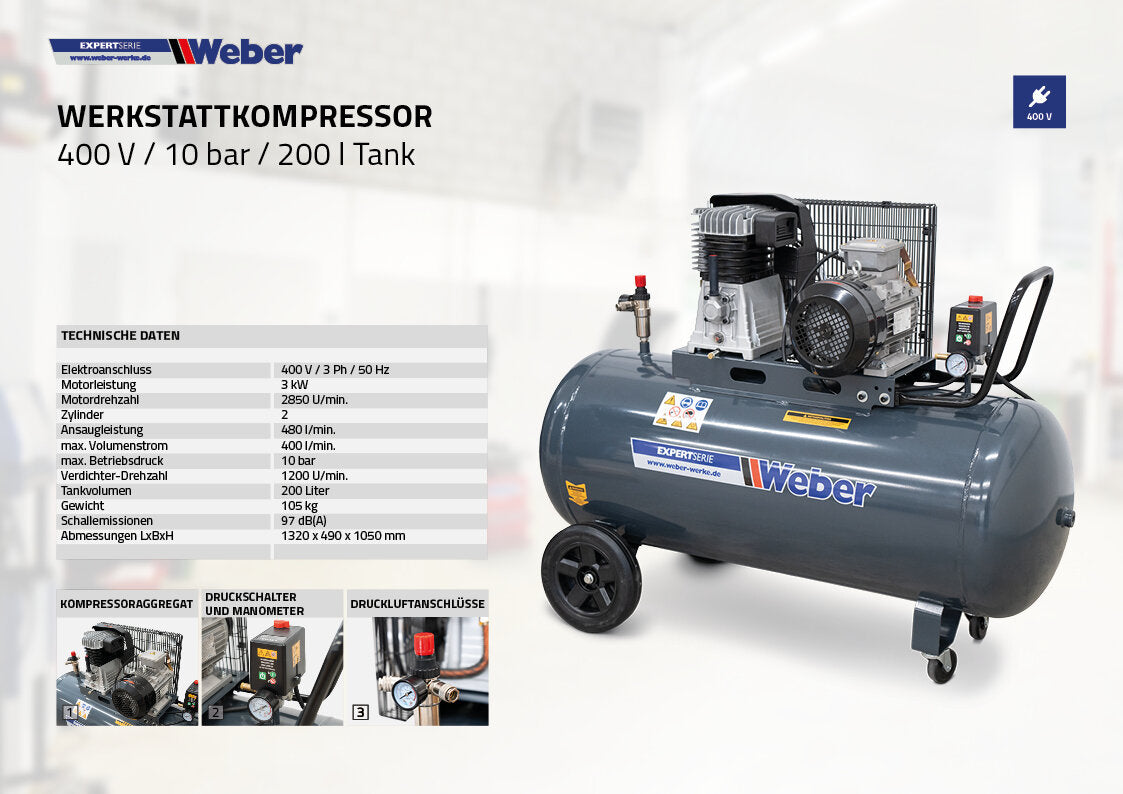 Air Compressor 400 V / 10 bar / 200 l tank