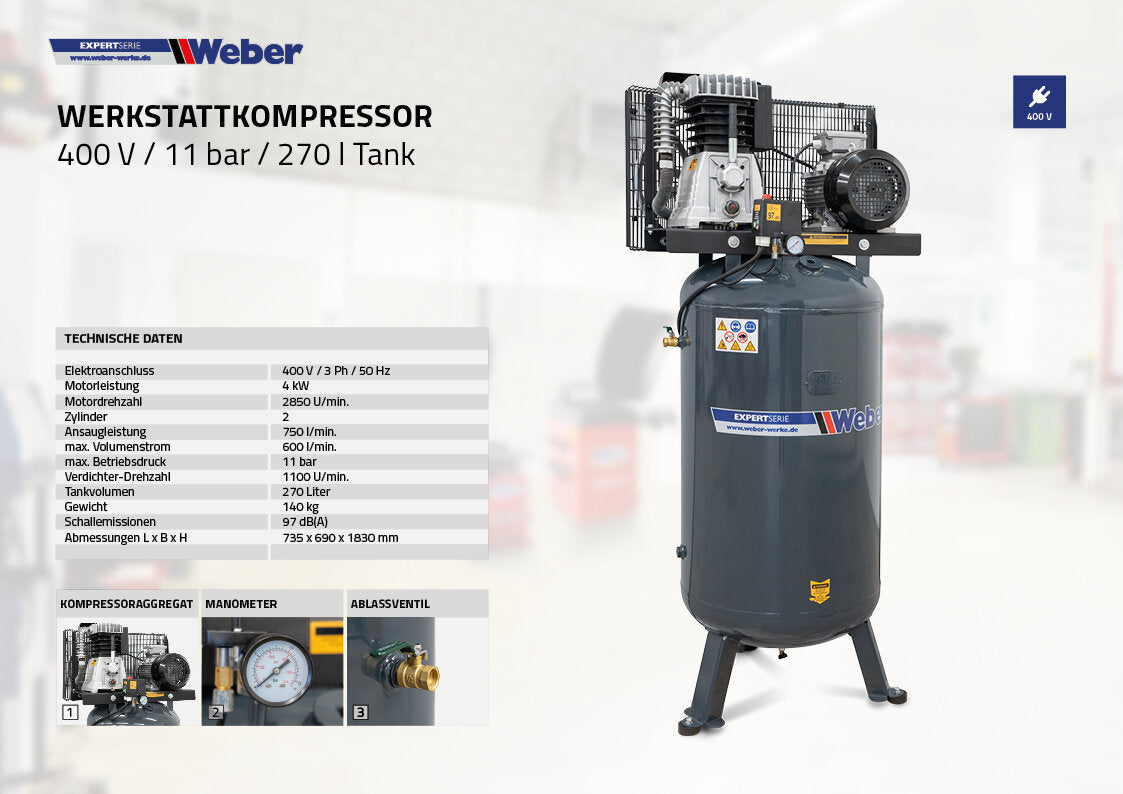 Air Compressor 400 V / 11 bar / 270 l tank